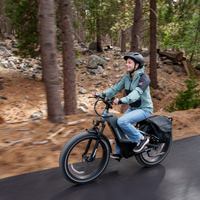 Woman riding a graphite grey Nomad Pro through a pine forest on a dry recreational trail.