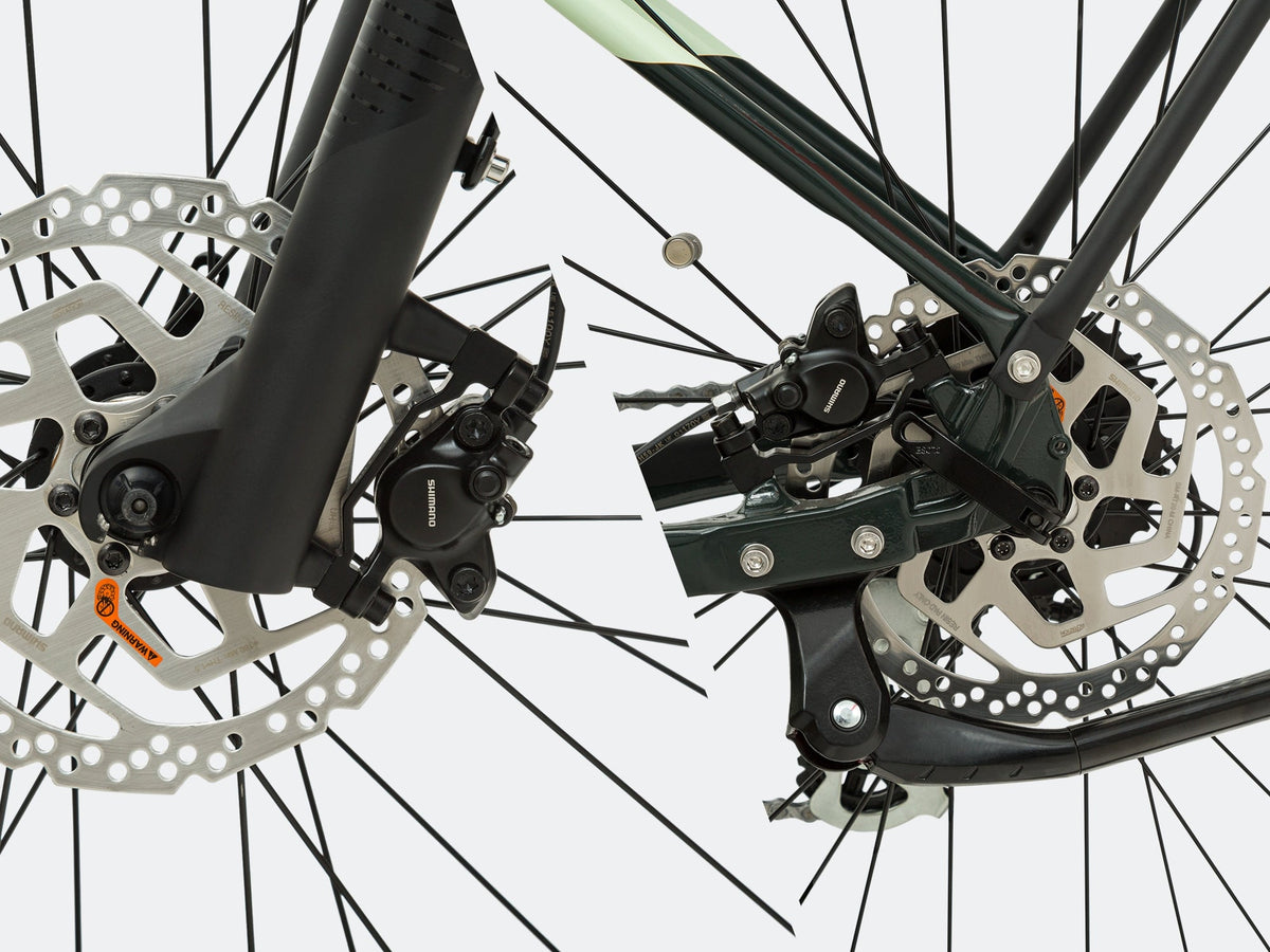 Front and rear Shimano hydraulic disc brake details on the Swift M