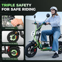 Helmeted rider seated on the H7 beside close-ups of the electronic brake and front and rear hydraulic disc brakes