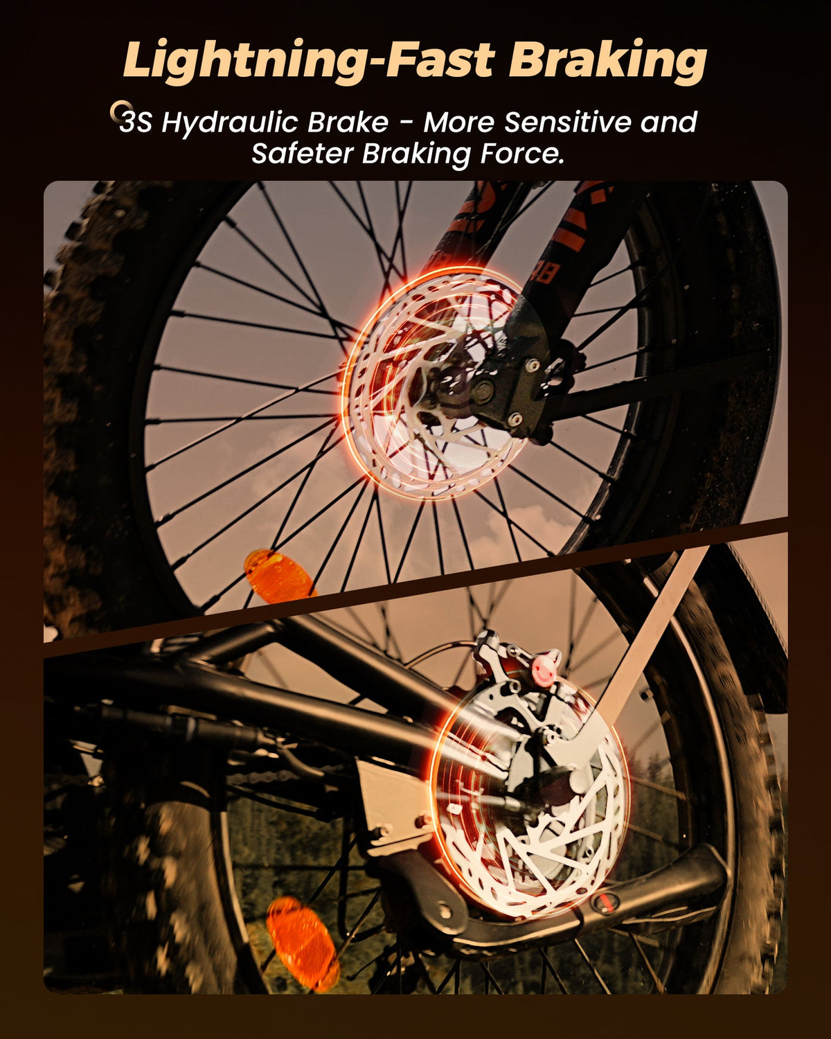isinwheel R8 hydraulic braking graphic with front and rear disc brake rotors shown in low light.