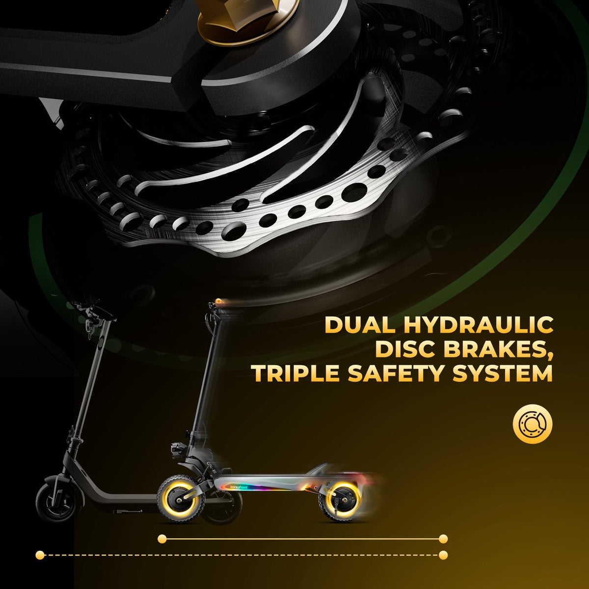 Close-up of the GT4 hydraulic disc brake system with front and rear brake layout