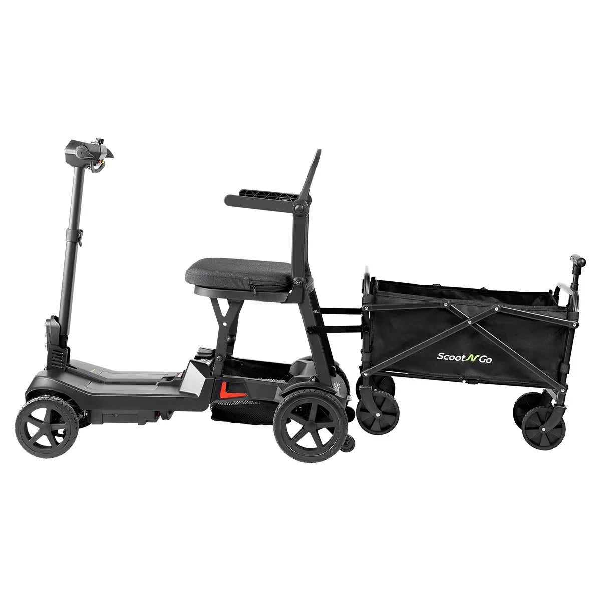 ScootNGo Lite black mobility scooter with red accents attached to cargo wagon