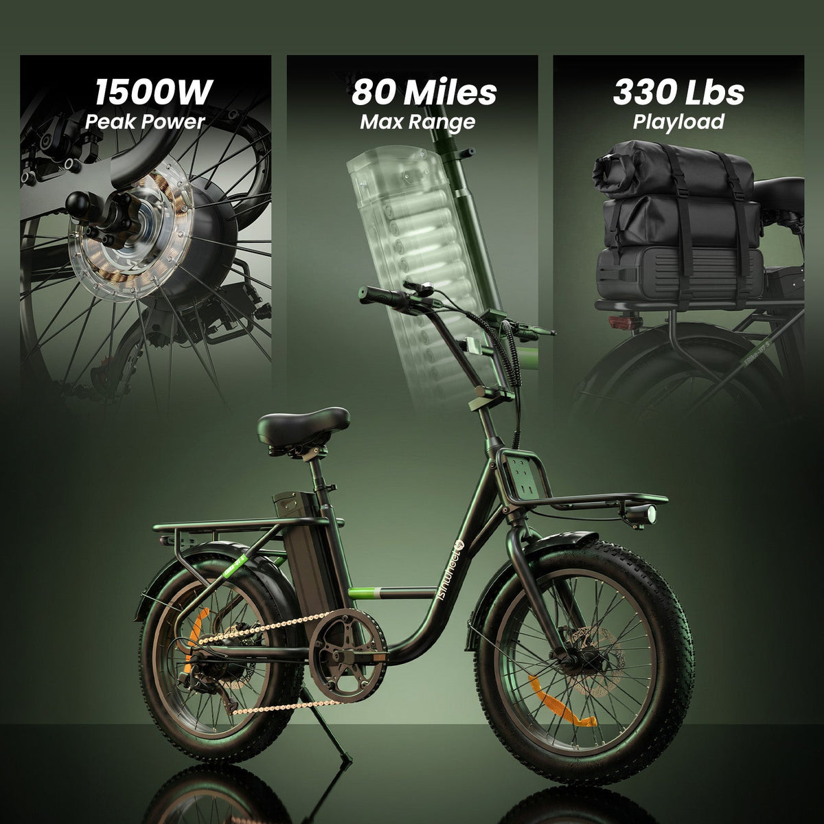 isinwheel U7 S upgraded variant feature graphic with a 1500W peak motor, 80-mile maximum range, and 330 lb payload call-outs above the cargo bike