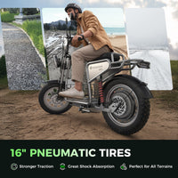 Rider using the H7Pro on pavement and gravel beside a close-up of the 16-inch pneumatic tire
