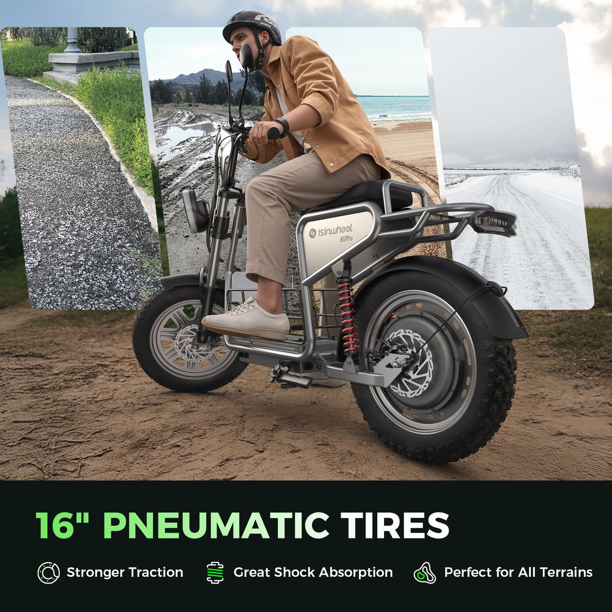 Rider using the H7Pro on pavement and gravel beside a close-up of the 16-inch pneumatic tire