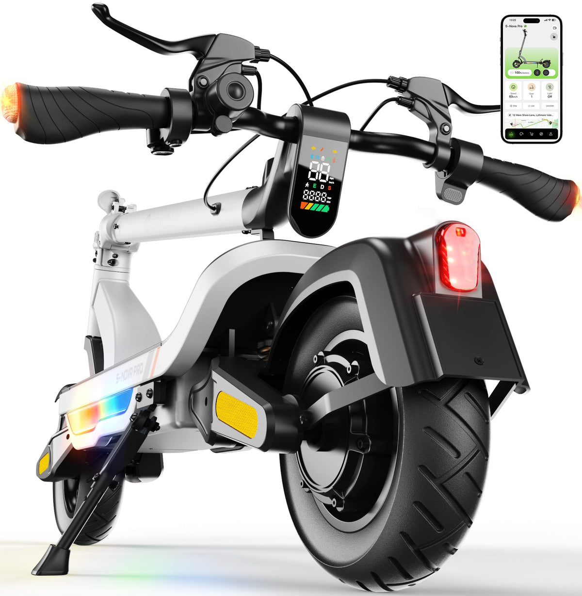 Rear three-quarter view of the white S Nova Pro showing the color display, taillight, handlebar turn signals, and 10-inch pneumatic rear tire