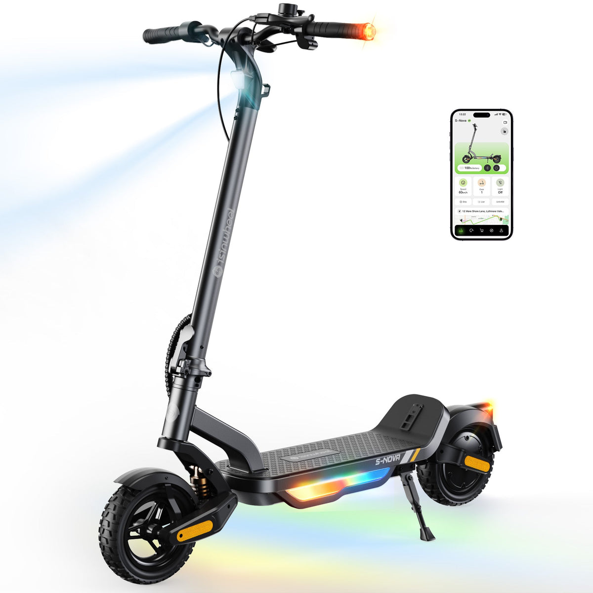 Gray isinwheel S Nova with the headlight beam projecting forward, illuminated handlebar grips, and active ambient deck lighting, shown beside the isinwheel Club app