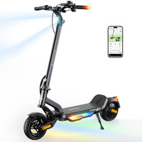 Gray isinwheel S Nova with the headlight beam projecting forward, illuminated handlebar grips, and active ambient deck lighting, shown beside the isinwheel Club app