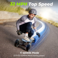 isinwheel V10 32 mph top speed feature graphic with a helmeted rider crouched on the board carving and a caption listing the four speed modes (12, 21, 32, and 32 mph with more starting power)