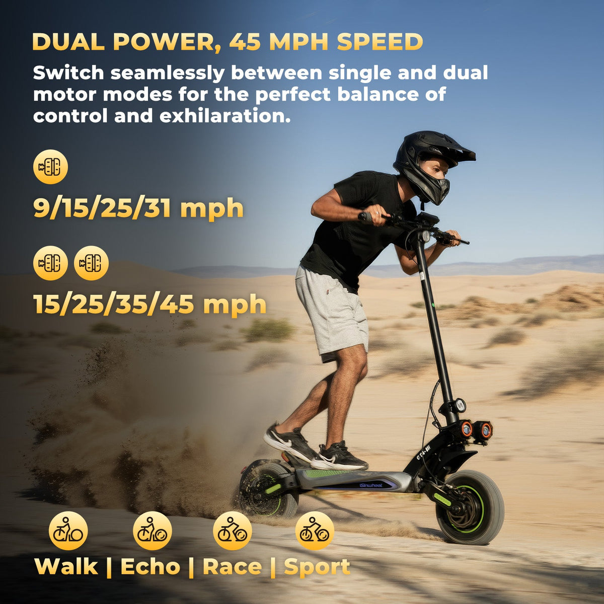 GT4 single and dual-motor speed modes shown beside a rider on sand