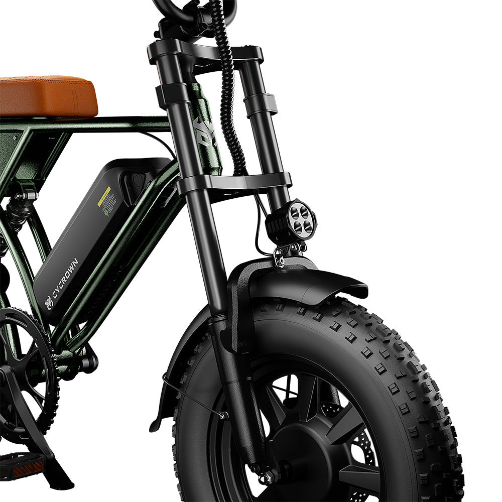 Front suspension fork and fat tire on the green Run Mini