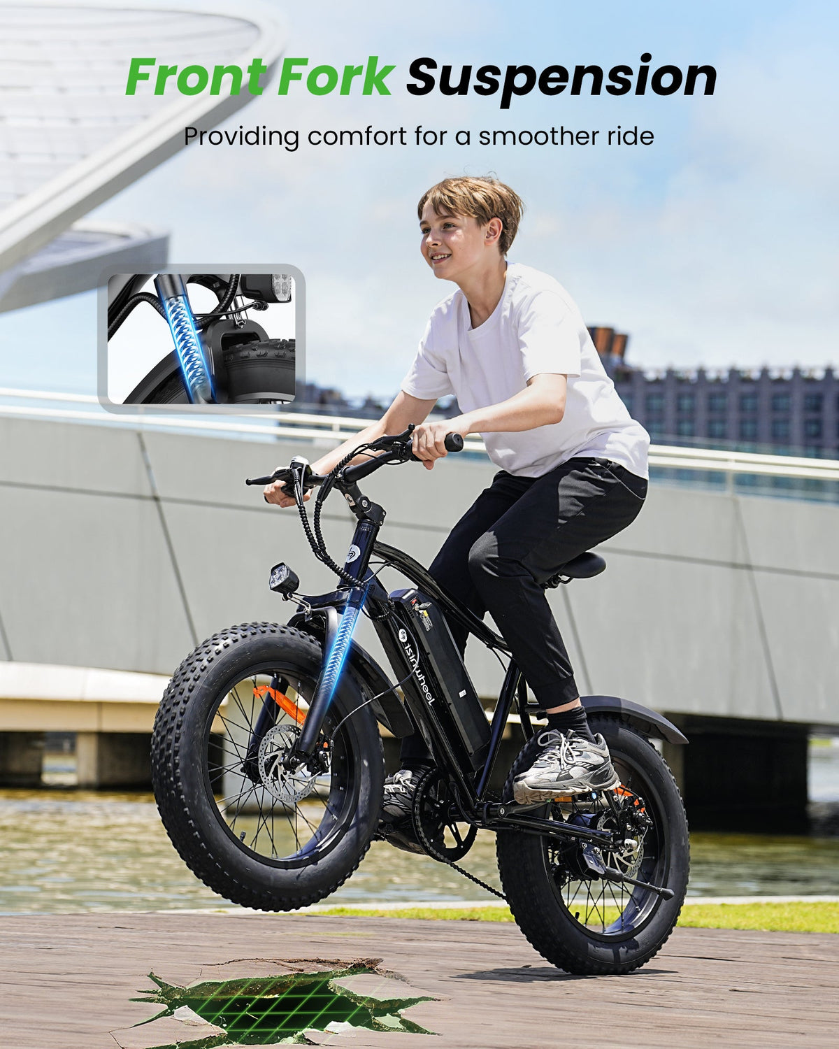 Rider using the isinwheel M10Pro front suspension on urban pavement