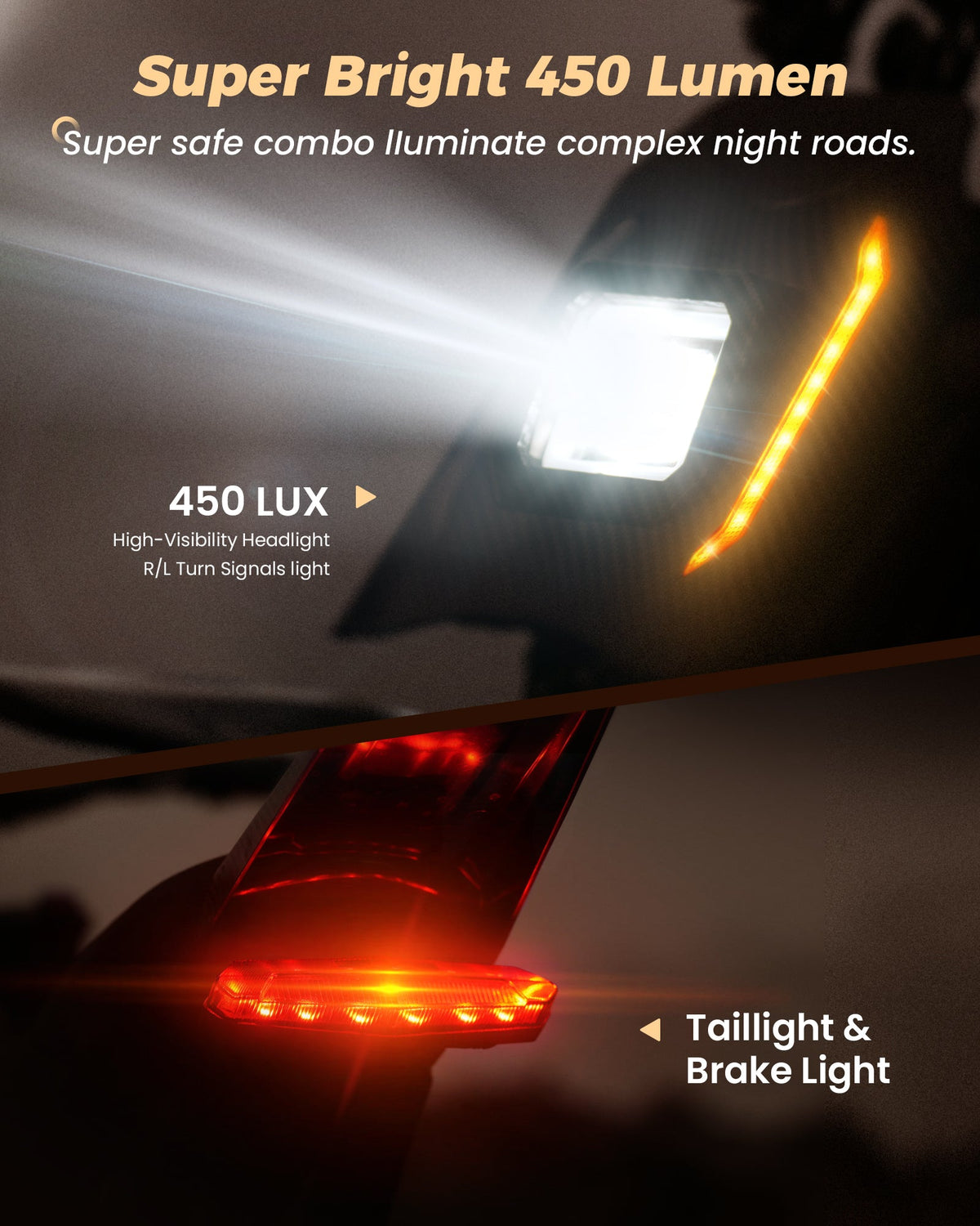 isinwheel R8 lighting graphic showing front headlight, amber side light strip, rear taillight, and brake light details.