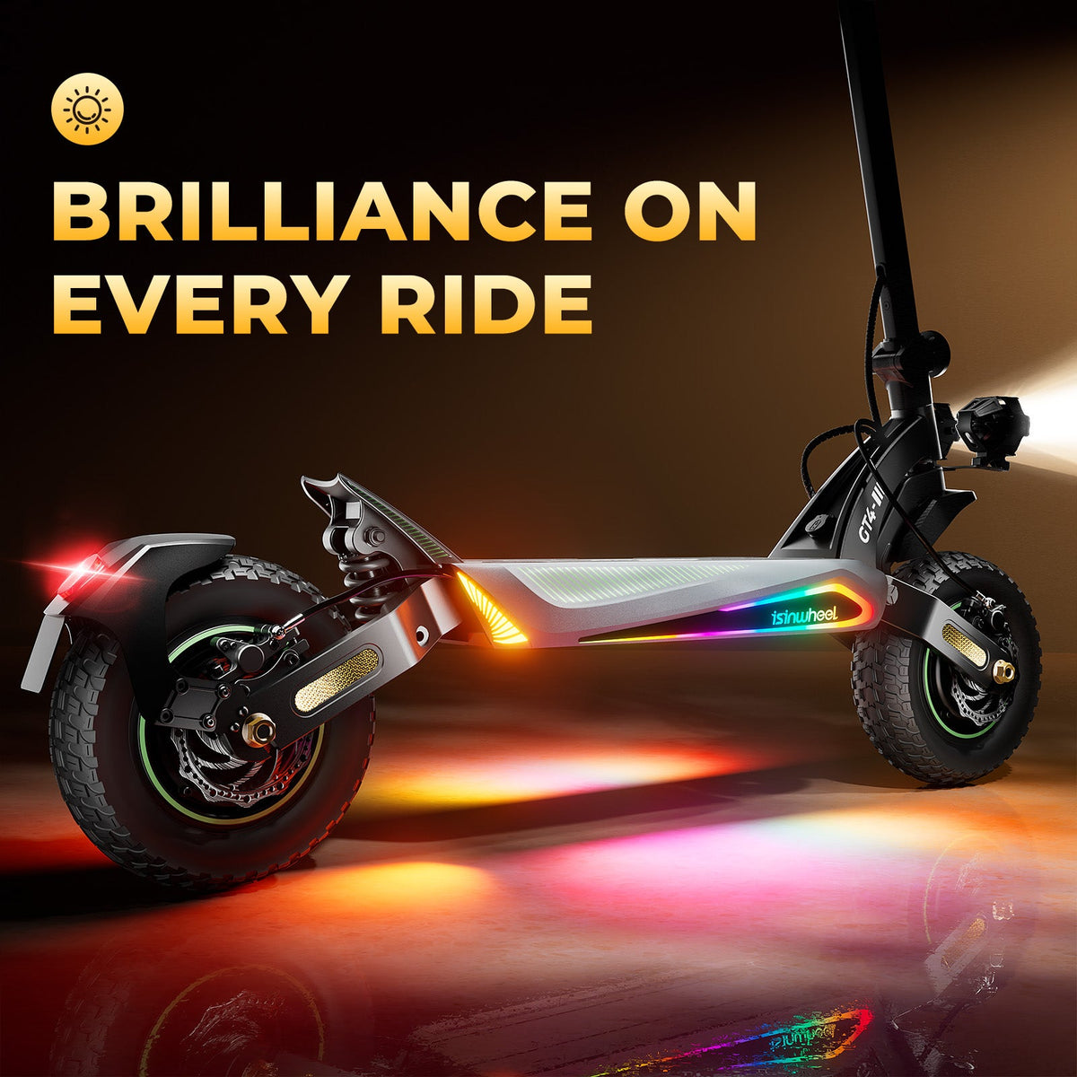 isinwheel GT4 headlight, rear light, turn signals, and colorful ambient lighting