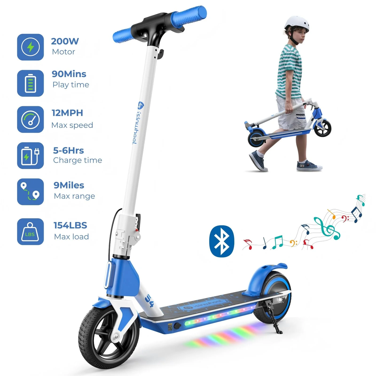 Blue isinwheel S4 kids scooter with rider and published specifications