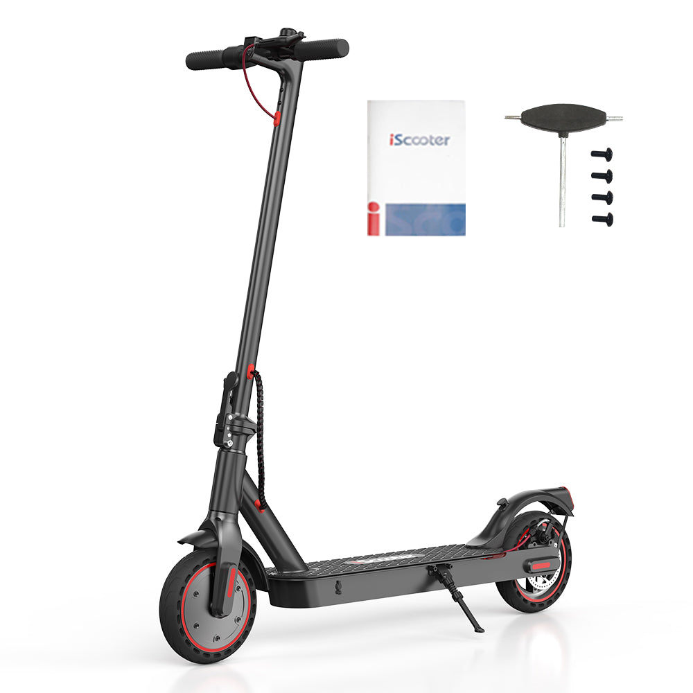 iScooter i9 standing beside included charger, manual, screws, handlebar cap, and setup tool.