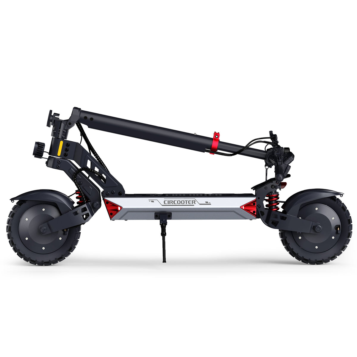 Folded Circooter Landturbo Ultra side view showing the lowered handlebar, dual suspension, and compact storage height.