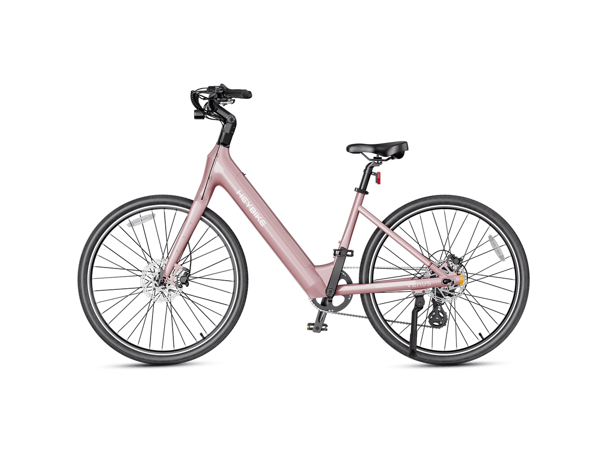 Heybike Venus lightweight step-thru cruiser electric bike: 750W Galaxy hub motor (1400W peak), 70 Nm torque, 28 mph Class 2/3 switchable, 27.5x2.2 Kenda road tires, aluminum-alloy low-step frame, Shimano Altus 8-speed, hydraulic discs, UL 2849 + UL 2271