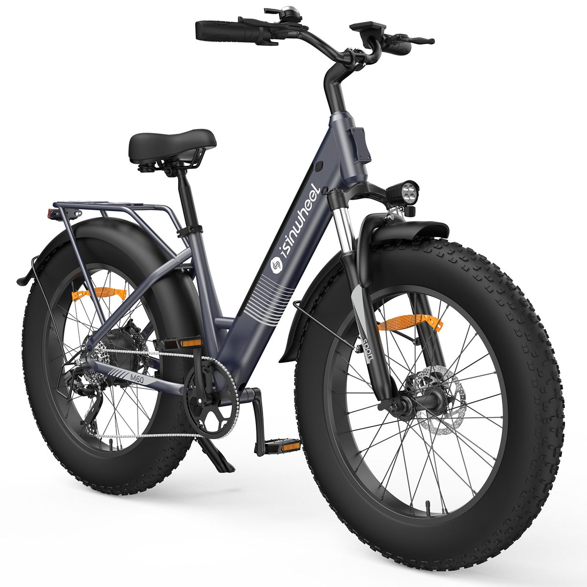 Front three-quarter view of the Iron Gray isinwheel M60 showing the dual front headlights, front suspension fork, color display, and step-through frame