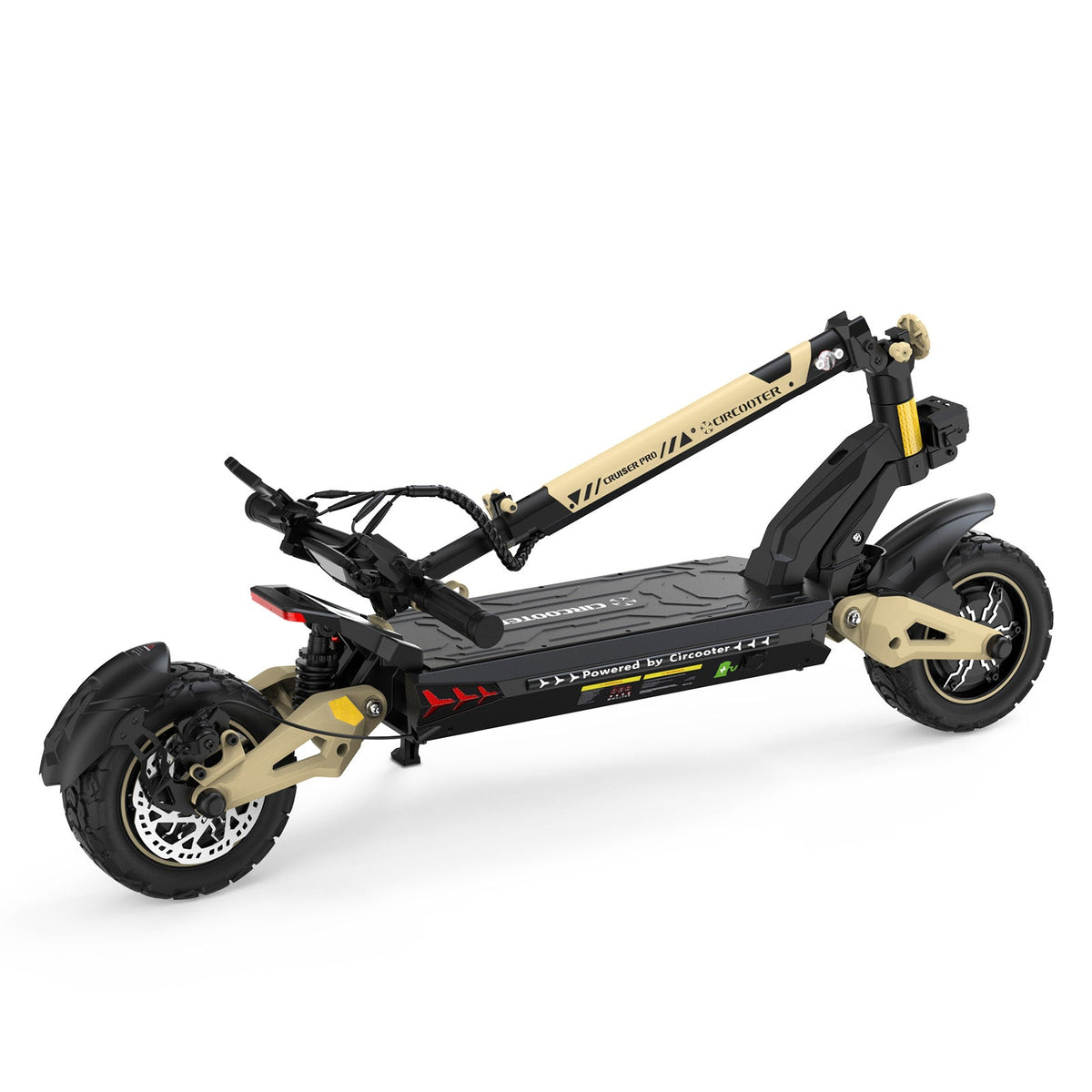 Circooter Cruiser Pro 2400W dual-motor off-road electric scooter with 11-inch pneumatic off-road tires, dual hydraulic suspension front and rear, hydraulic disc brakes, extra-wide deck, UL 2272 certified electrical system, and a 38 mph top-speed claim