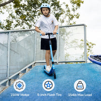 Child riding a blue isinwheel S2 with 150W motor and 5-inch flashing wheel callouts