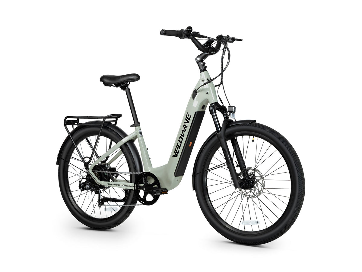 Light Green Velowave Breeze T three-quarter view showing battery cover and front disc brake