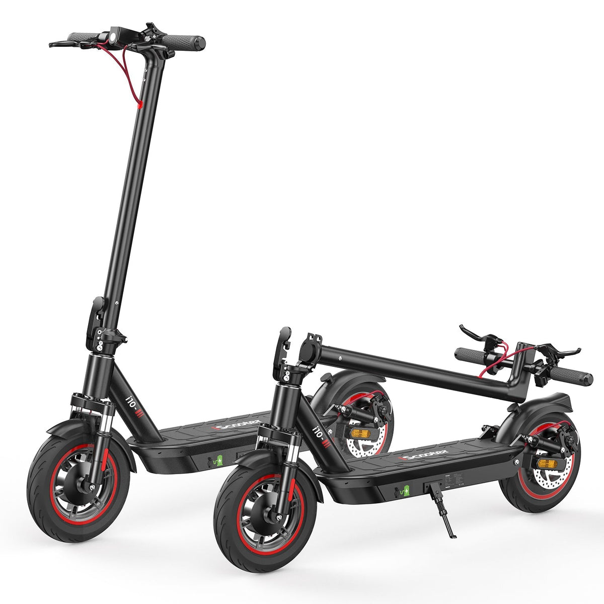 iScooter i10 mid-tier folding commuter electric scooter: 42V peak 650W brushless motor, 25 mph, 4 speed modes, 10-inch pneumatic tires, EBAS front brake plus rear disc, front and rear suspension, IP54, iScooter app, 44 lb net, 264 lb max load