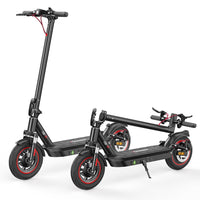 iScooter i10 mid-tier folding commuter electric scooter: 42V peak 650W brushless motor, 25 mph, 4 speed modes, 10-inch pneumatic tires, EBAS front brake plus rear disc, front and rear suspension, IP54, iScooter app, 44 lb net, 264 lb max load