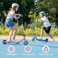 Children riding pink and blue isinwheel S2 scooters on smooth pavement