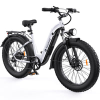 Front three-quarter view of the isinwheel U8 Ultra showing headlight, front suspension fork, brake rotor, and fat-tire tread.