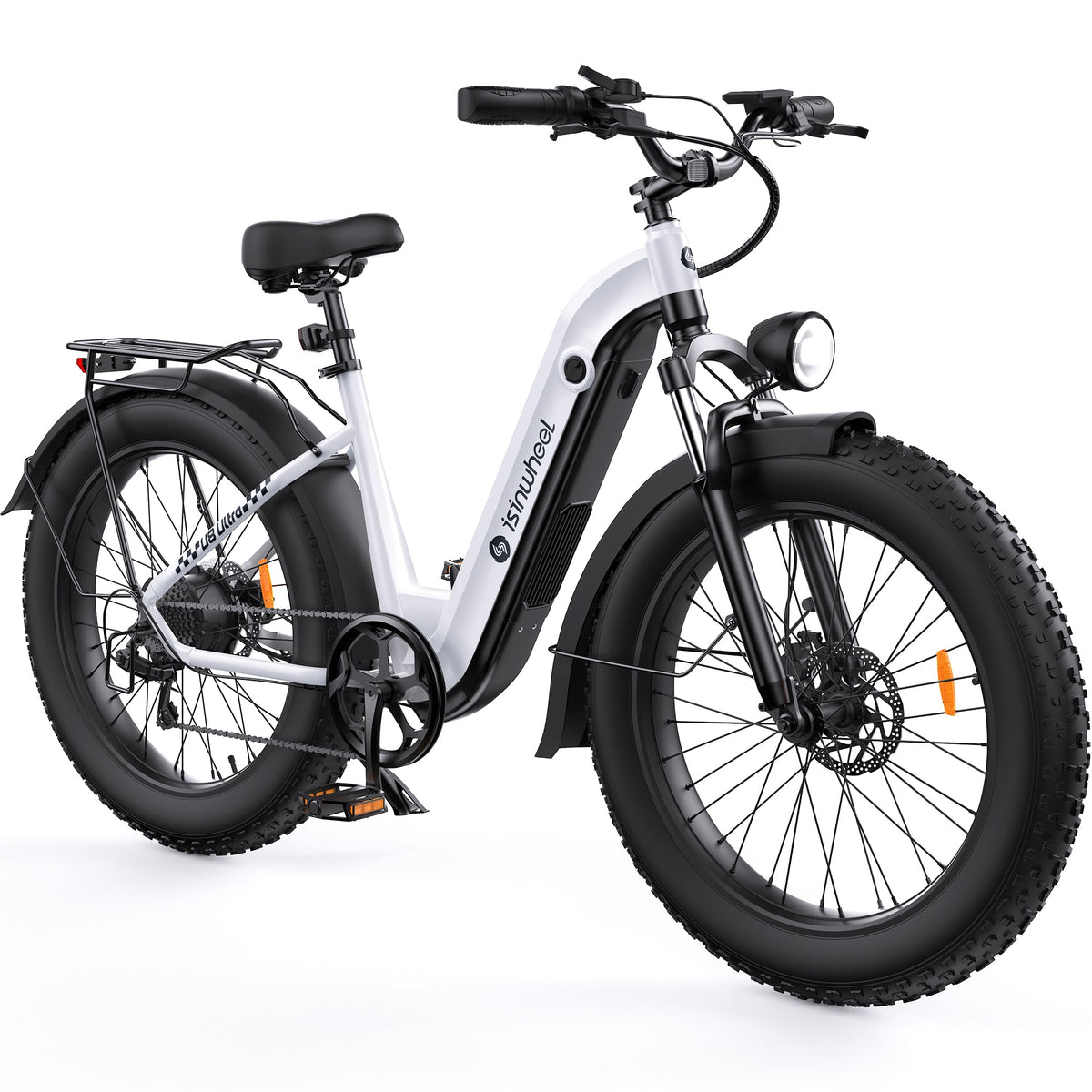 Front three-quarter view of the isinwheel U8 Ultra showing headlight, front suspension fork, brake rotor, and fat-tire tread.