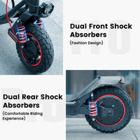 iScooter i10 Pro 800W folding commuter electric scooter: 48V peak 800W brushless rear-wheel-drive motor, 28 mph top speed, 720Wh battery, 10-inch pneumatic road tires, EBAS front plus double drum rear brakes, front and rear suspension, IP54, dedicated iScooter app, 53.9 lb folded