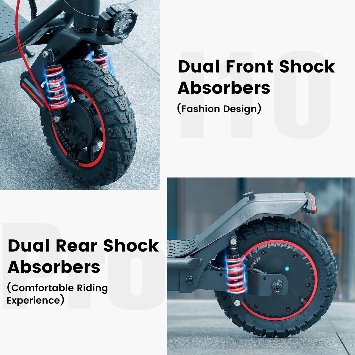 iScooter i10 Pro 800W folding commuter electric scooter: 48V peak 800W brushless rear-wheel-drive motor, 28 mph top speed, 720Wh battery, 10-inch pneumatic road tires, EBAS front plus double drum rear brakes, front and rear suspension, IP54, dedicated iScooter app, 53.9 lb folded