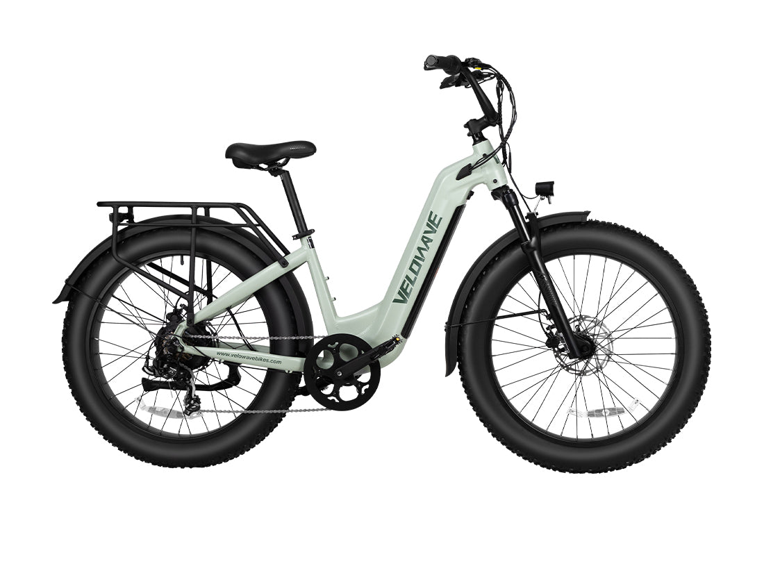 Pale-green Velowave Ranger Step-Thru 3.0 studio side view