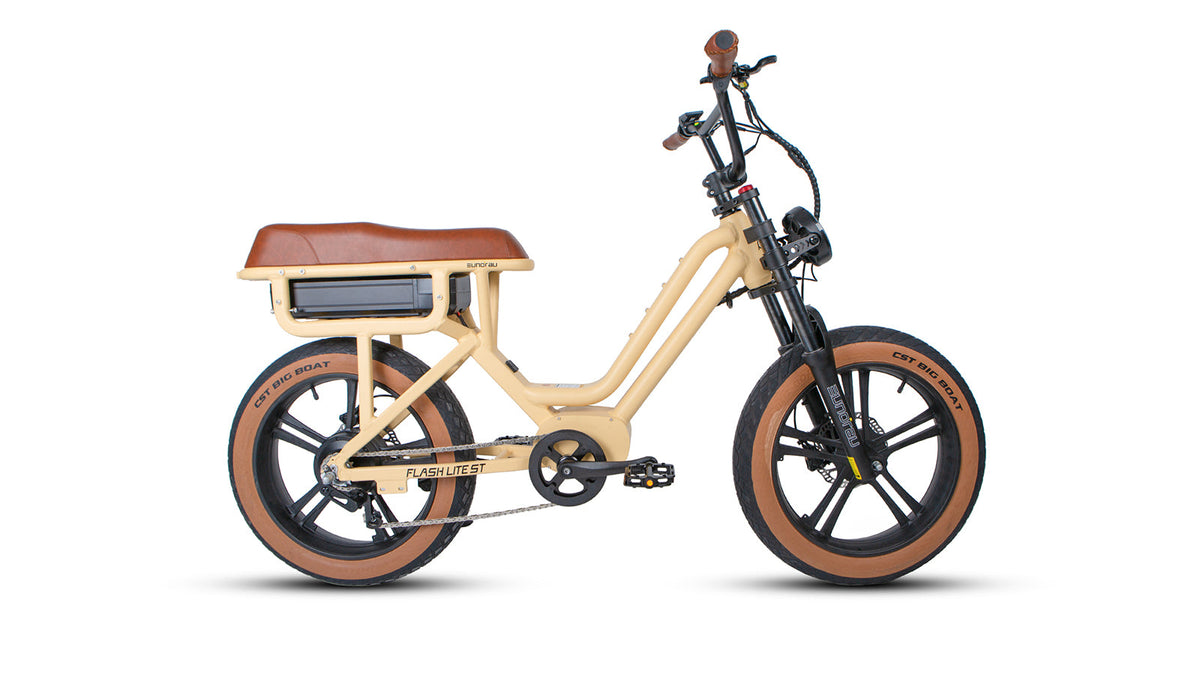 Ivory EUNORAU FLASH LITE ST 1.0 step-through e-bike, drive-side profile with tan fat tires