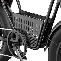 Close-up of the R6 Pro integrated center cargo basket between the tank shell and the chainstay, with the chain and crank arm visible