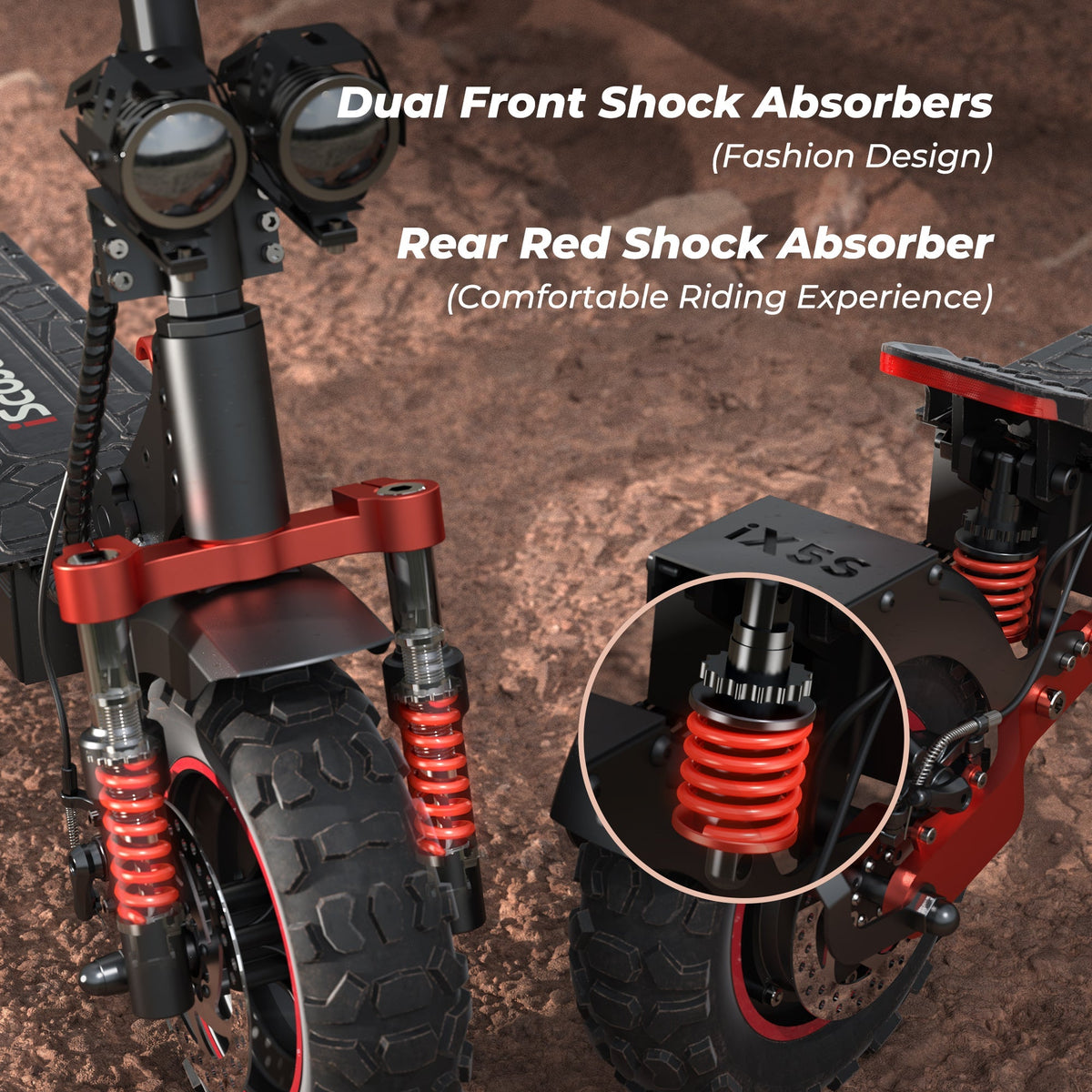 iScooter iX5S 1000W off-road electric scooter: 28 mph, 40-mile range, 11-inch off-road tubeless tires, dual suspension, EABS plus double disc brakes, IPX4 water resistance, 60 lb folded, 330 lb max load