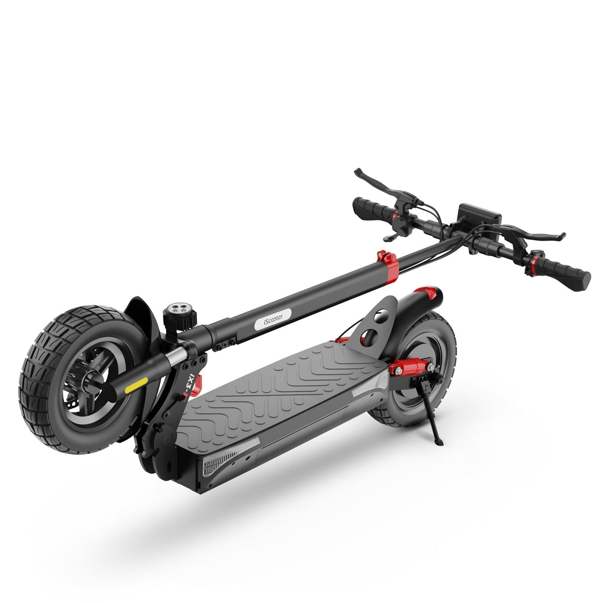 iScooter iX3 800W budget off-road folding electric scooter: 48V peak 800W brushless rear motor, 24 mph, 720Wh battery, 10-inch off-road pneumatic tires, dual disc + E-ABS, dual suspension, turn signal indicator, 52.2 lb folded, IPX4