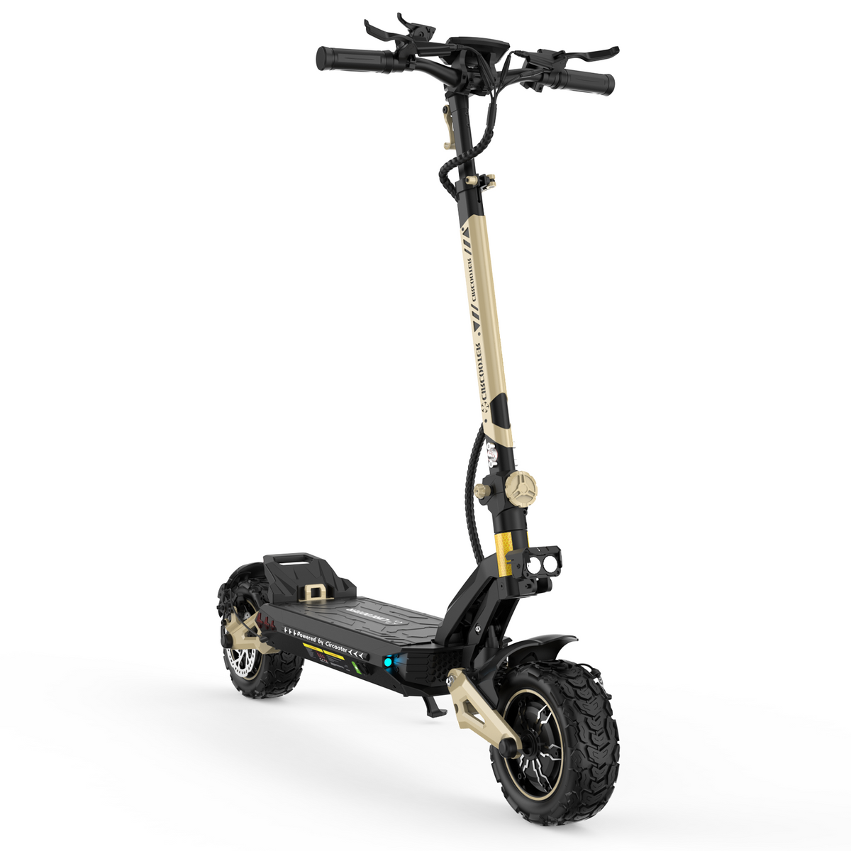 Circooter Cruiser Pro 2400W dual-motor off-road electric scooter with 11-inch pneumatic off-road tires, dual hydraulic suspension front and rear, hydraulic disc brakes, extra-wide deck, UL 2272 certified electrical system, and a 38 mph top-speed claim