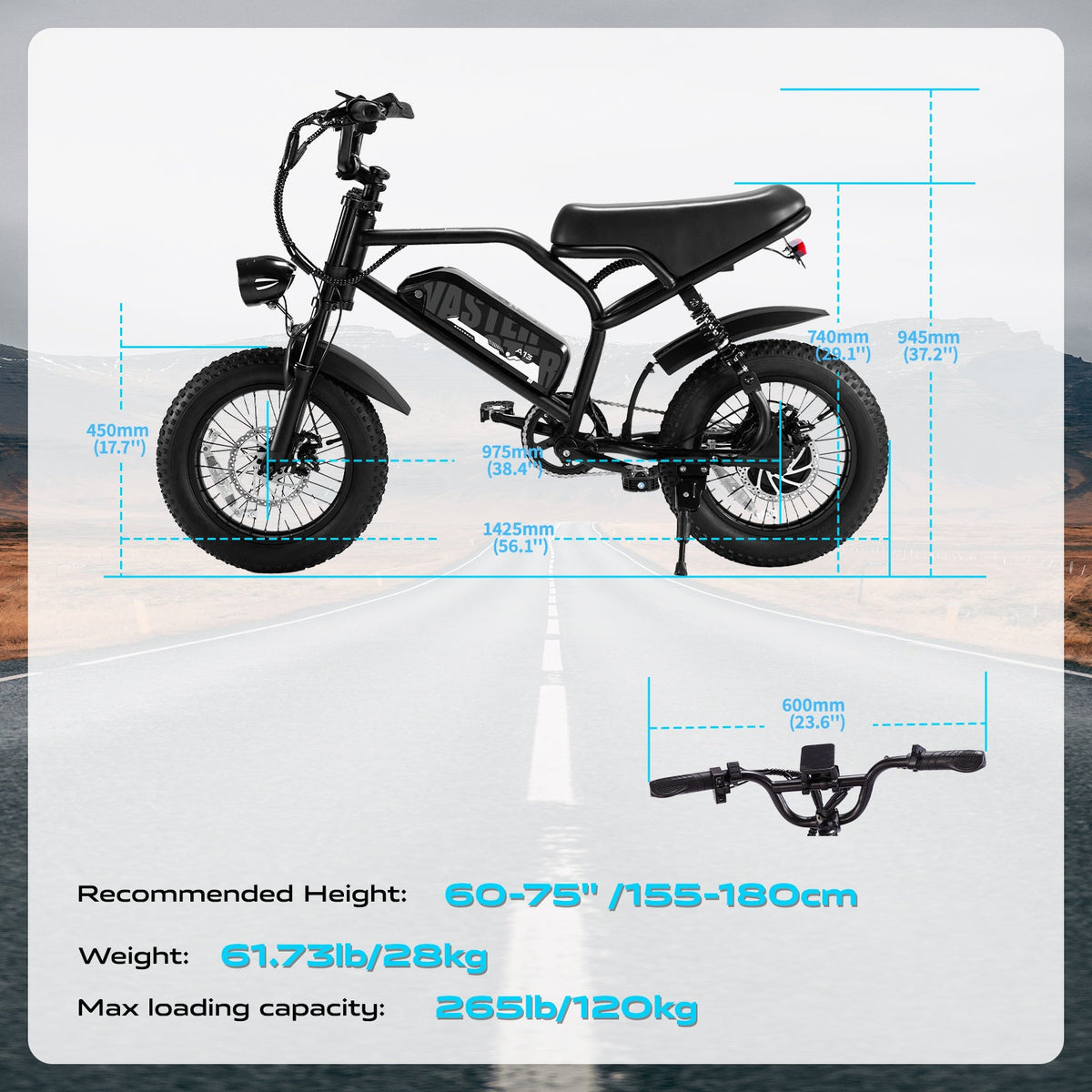 AVDL A13 compact fat-tire electric bike geometry, rider-height and load-capacity chart