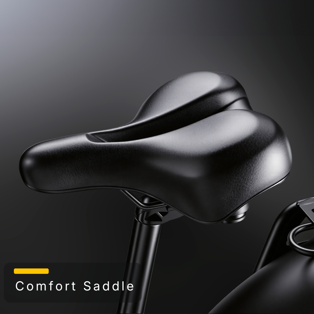 Wide comfort saddle on the Nomad Pro, built for longer city and park-path rides.