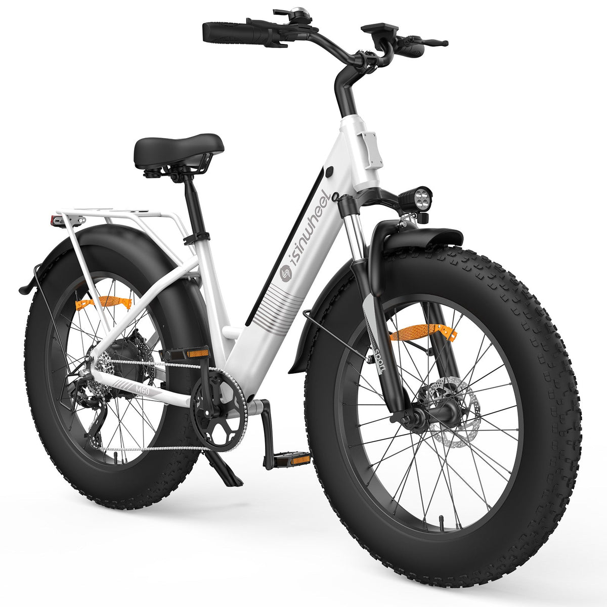 Front three-quarter view of the Lunar White isinwheel M60 showing the dual-LED front headlights mounted on the suspension fork, the color LCD display, the front fat tire, and the step-through frame