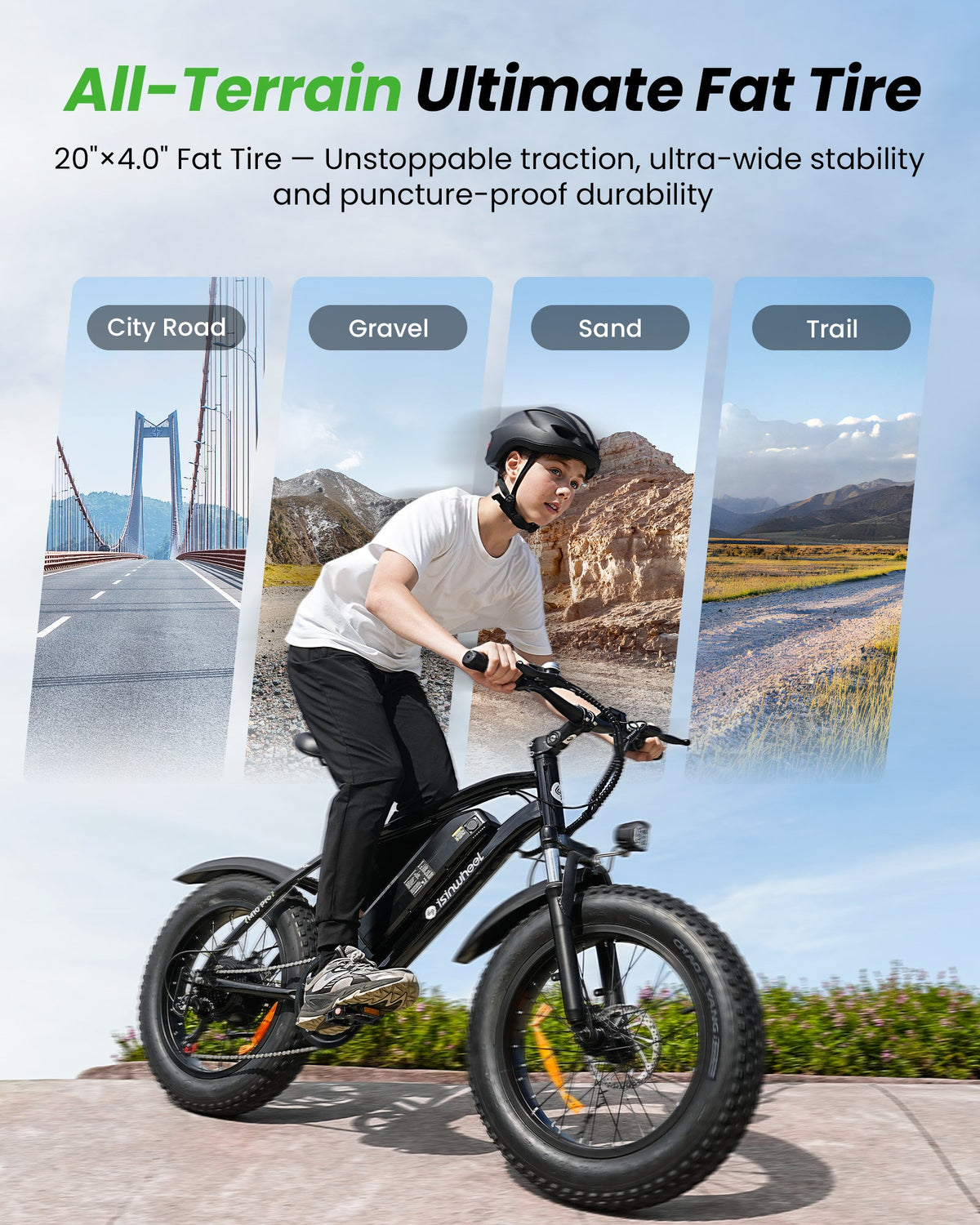 Rider on the isinwheel M10Pro with 20 by 4 inch all-terrain fat tires