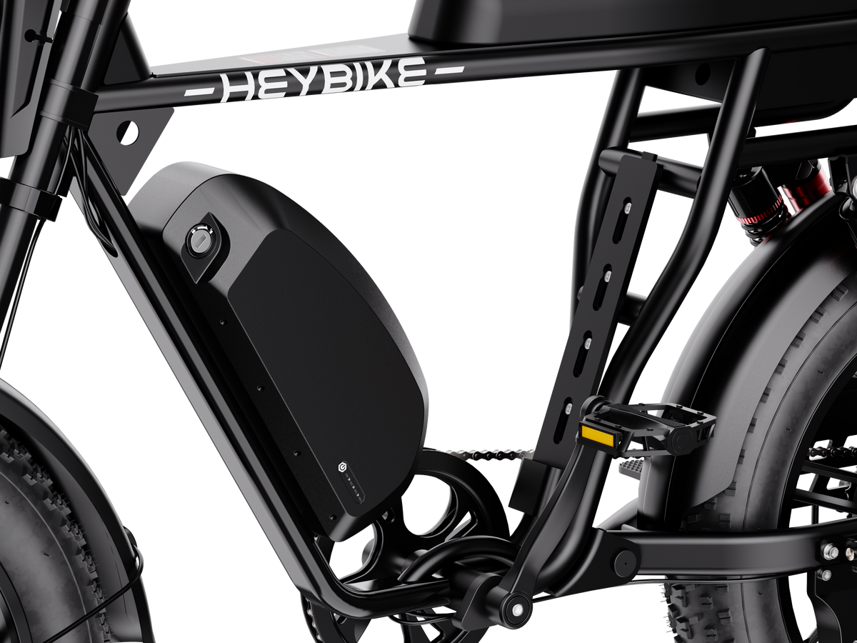 Heybike Saturn moped-style commuter e-bike: 52V 1000W continuous / 1800W peak hub motor, 95 Nm torque, single or dual-battery configuration, hydraulic disc brakes, full suspension with 140 mm front travel, turn signals, TFT color display, UL 2849 certified