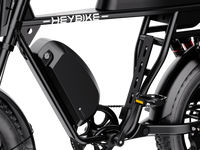 Heybike Saturn moped-style commuter e-bike: 52V 1000W continuous / 1800W peak hub motor, 95 Nm torque, single or dual-battery configuration, hydraulic disc brakes, full suspension with 140 mm front travel, turn signals, TFT color display, UL 2849 certified
