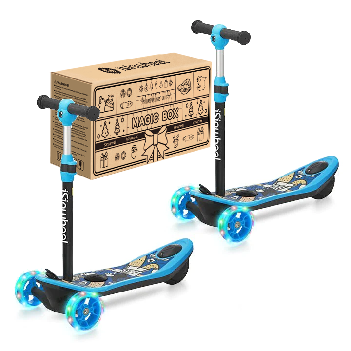 isinwheel Long Range 3-wheel kids electric scooter shown with the multi-color LED flashing wheels and the cartoon deck graphic, available in pink or blue with sibling-pair combo options