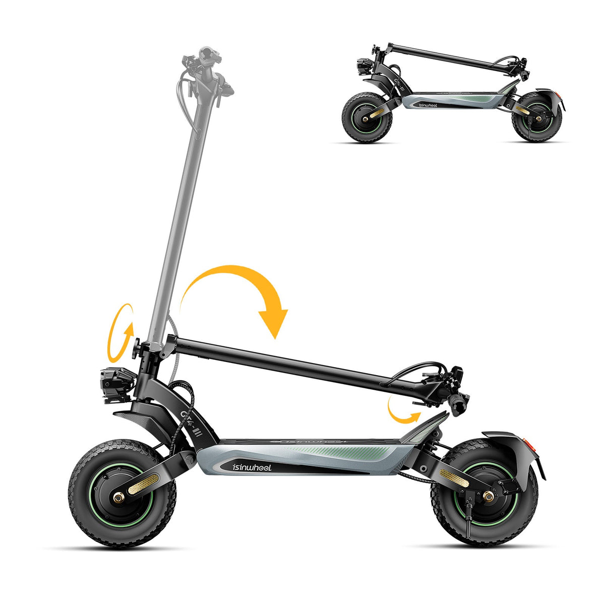 Three-step GT4 folding sequence from upright scooter to folded position