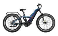 Heybike Hero carbon-fiber full-suspension fat-tire electric mountain bike with two motor configurations (1000W rear hub or 750W mid-drive with torque sensor), step-thru or step-over frame geometry, Shimano 9-speed gearing, hydraulic disc brakes, and UL 2849 certified electrical system