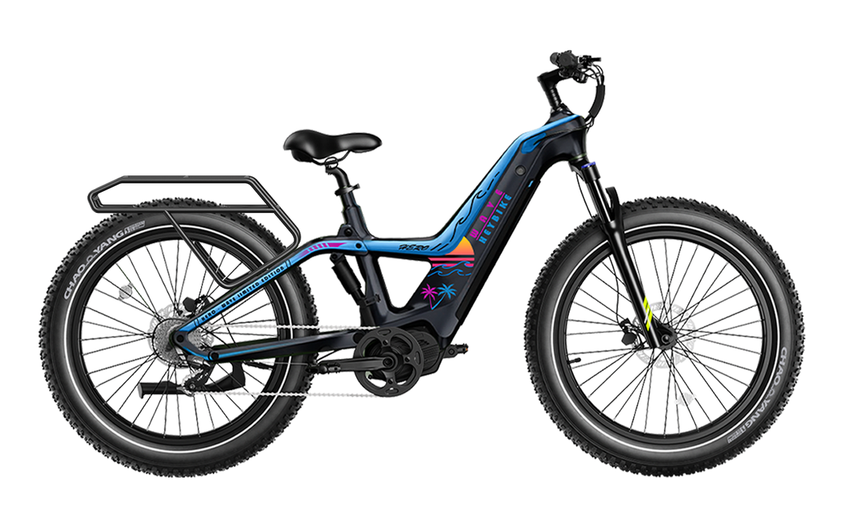 Heybike Hero carbon-fiber full-suspension fat-tire electric mountain bike with two motor configurations (1000W rear hub or 750W mid-drive with torque sensor), step-thru or step-over frame geometry, Shimano 9-speed gearing, hydraulic disc brakes, and UL 2849 certified electrical system