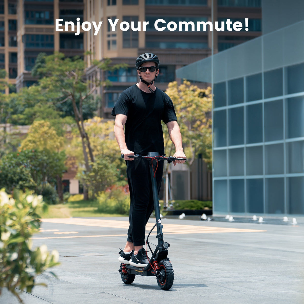 iScooter i10 Pro 800W folding commuter electric scooter: 48V peak 800W brushless rear-wheel-drive motor, 28 mph top speed, 720Wh battery, 10-inch pneumatic road tires, EBAS front plus double drum rear brakes, front and rear suspension, IP54, dedicated iScooter app, 53.9 lb folded